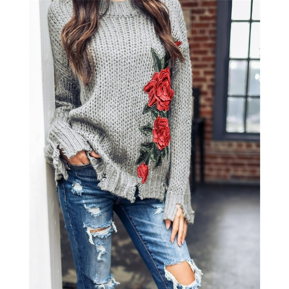 Emory Park Long Sleeve Sweater Distressed Rose Appliqué Small
